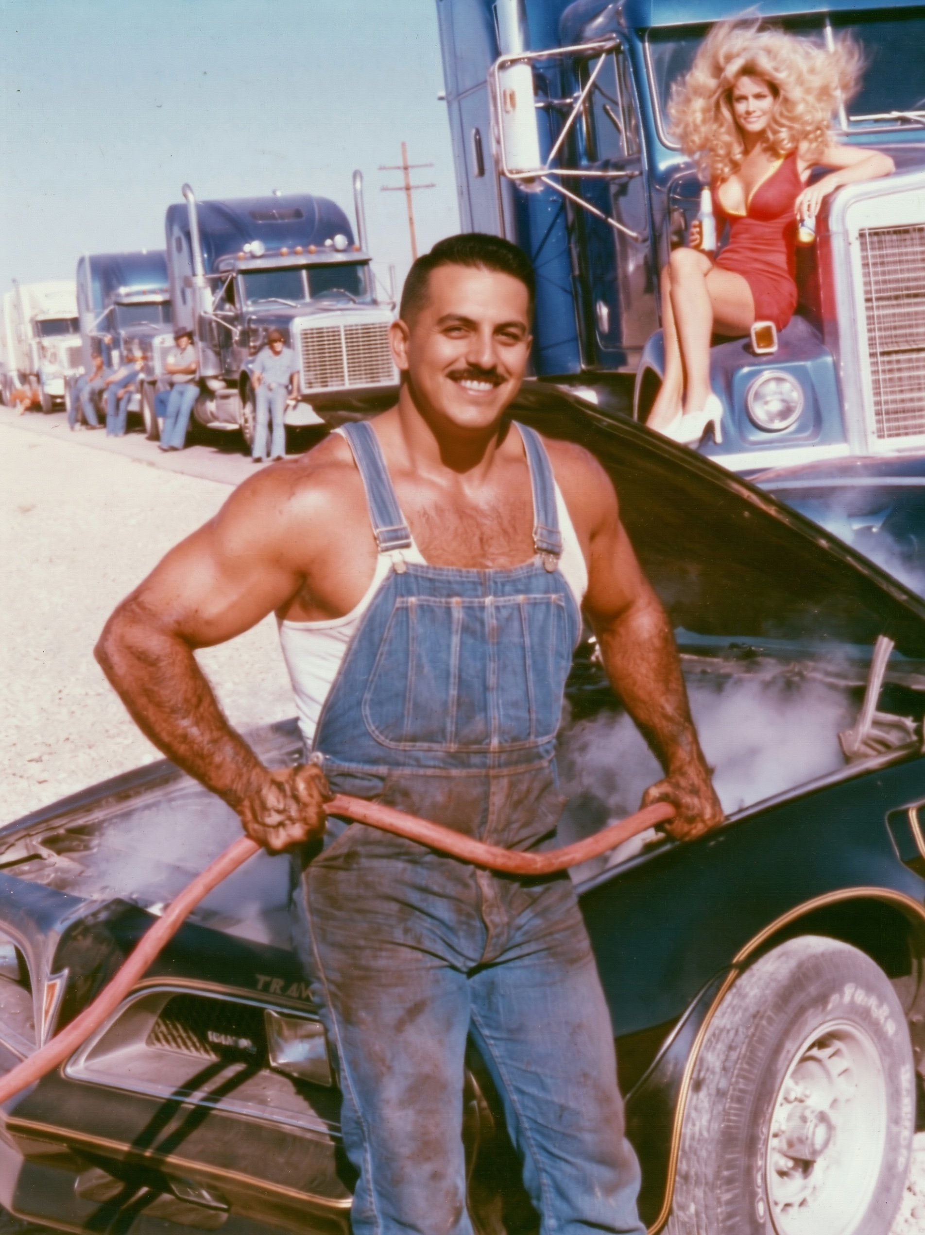 Arnold Gacita in denim overalls holding a radiator hose in front of a steaming black Trans Am, with a line of semi-trucks behind him.